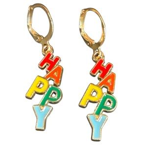 NEW Rainbow Enamel HAPPY Word Dangle Earrings Gold Tone Lever Back Maximalist